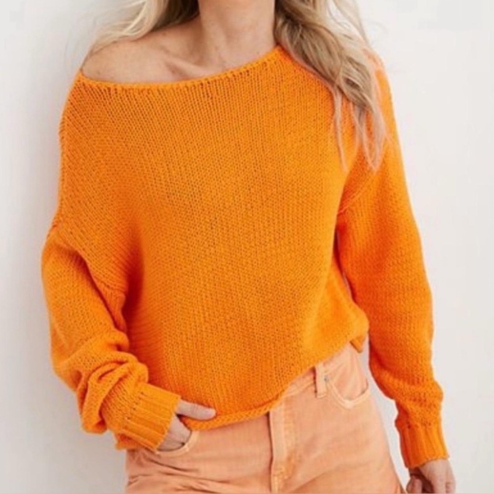 Aerie Sweater Womens SMALL Orange Cropped Chunky Knit Pullover Boat Neck